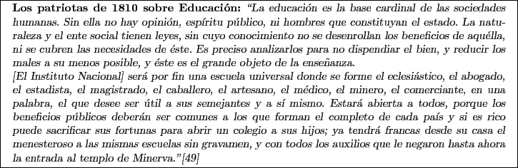 \framebox[6.3in]{
\begin{minipage}[t]{6in}
{\sl
{\bf Los patriotas de 1810 sobr...
...n hasta ahora la entrada al templo de Minerva.''\cite{IN}
\par
}
\end{minipage}}